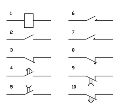 Нормально разомкнутый. Переключатель с фиксацией обозначение на схеме. Нормально замкнутые контакты реле. Концевой выключатель обозначение на схеме. Схематическое обозначение кнопок.