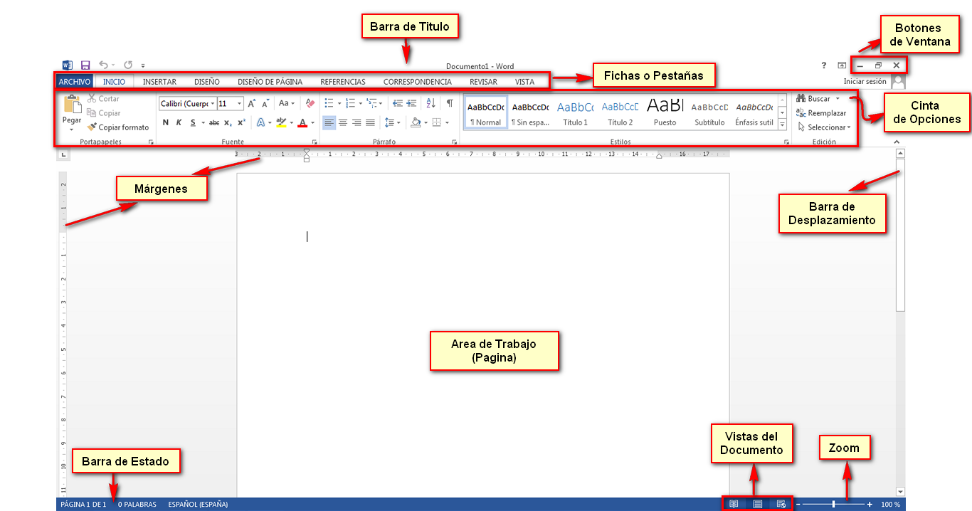 Resultado de imagen para partes de la interfaz de word 2013