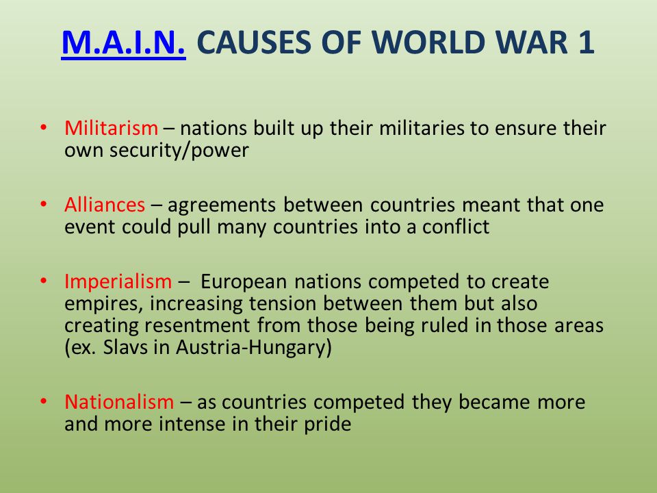 Causes Of World War 1 Main Causes Worksheet