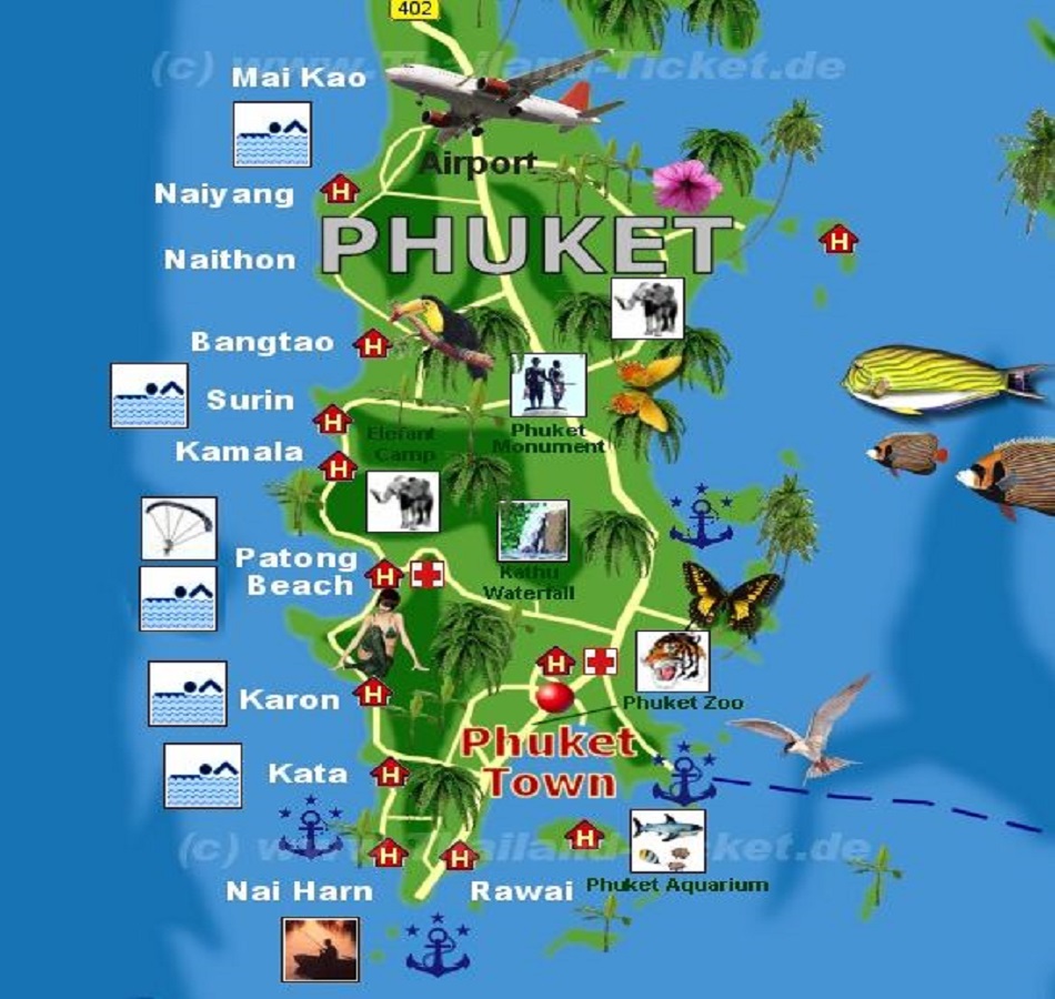 Phuket карта. Туристическая карта Пхукета. Карта Патонга Пхукет. Достопримечательности Пхукета на карте. Остров Пхукет на карте с достопримечательностями.