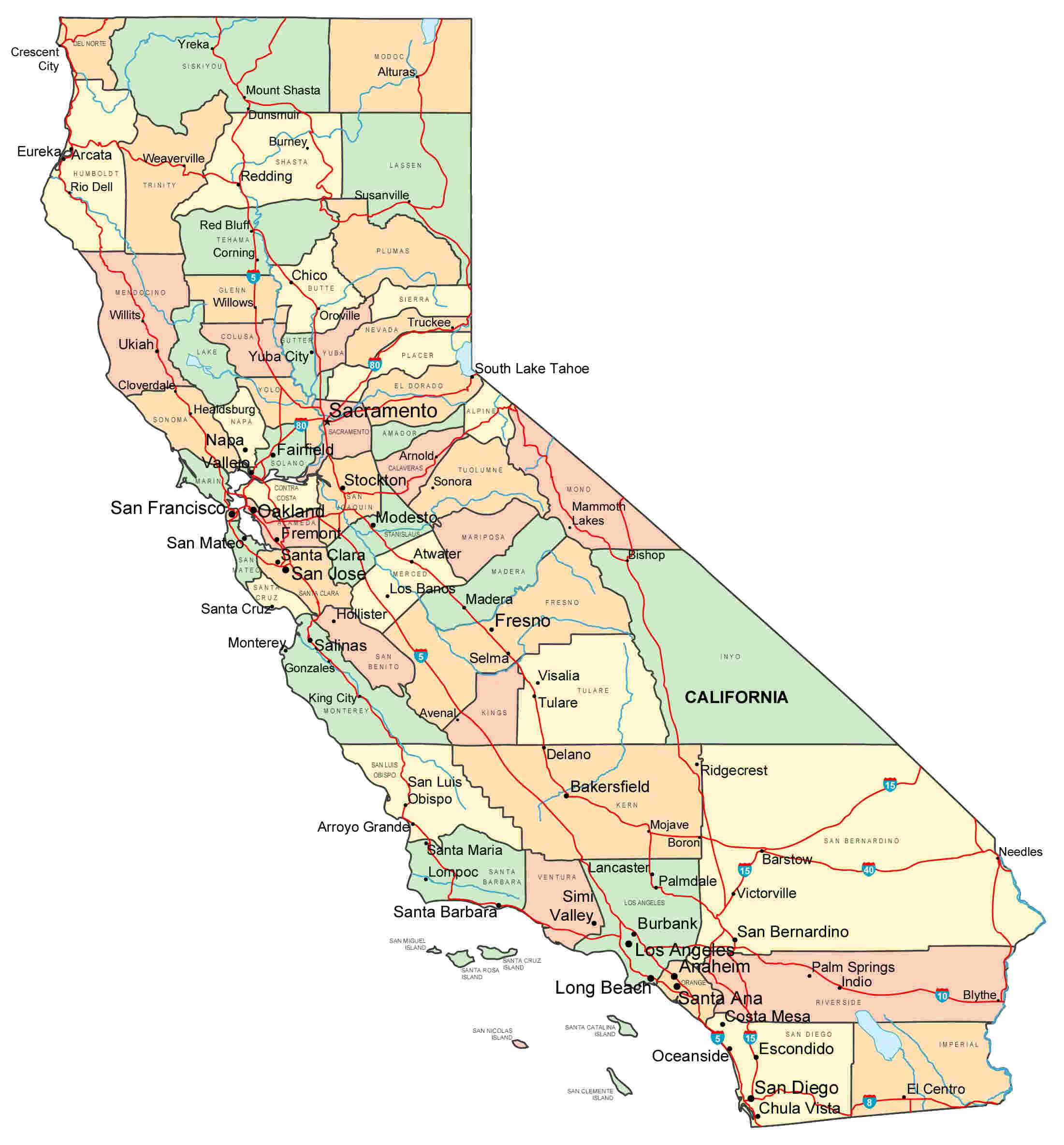 Штат Калифорния на карте с городами
