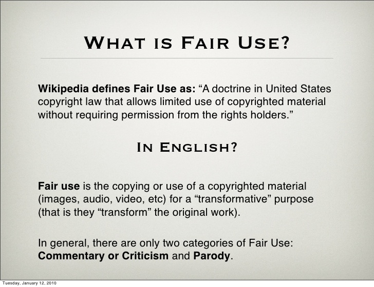 Fair use. in US copyright law) the doctrine that brief excerpts of copyrigh...