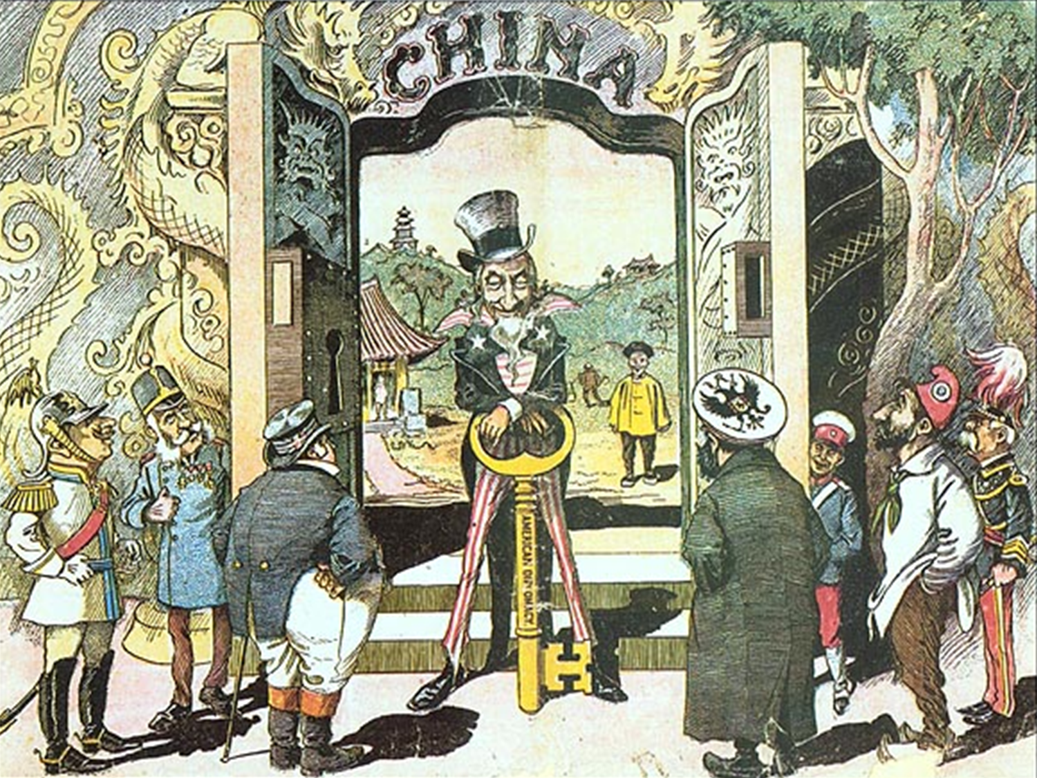 Открытые двери китая. Доктрина Хэя. Доктрина открытых дверей Дж.Хэя. Карикатуры 20 века. Карикатуры США 19 век.
