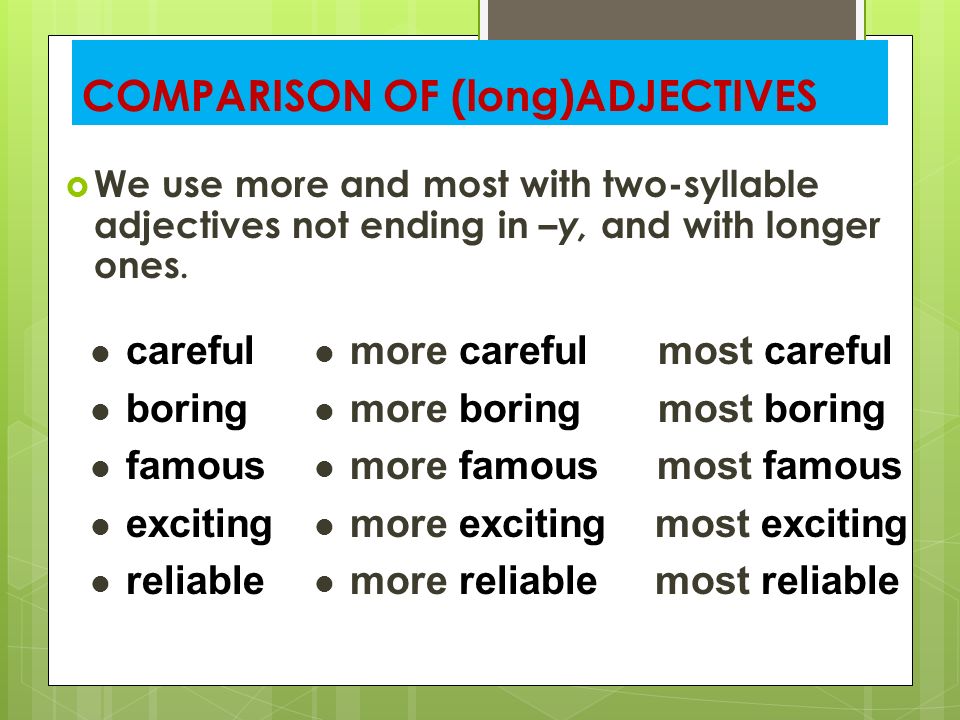 Long comparative form. Comparison of long adjectives. Comparatives long adjectives. Two syllable adjectives. Long adjectives Comparative Superlative.