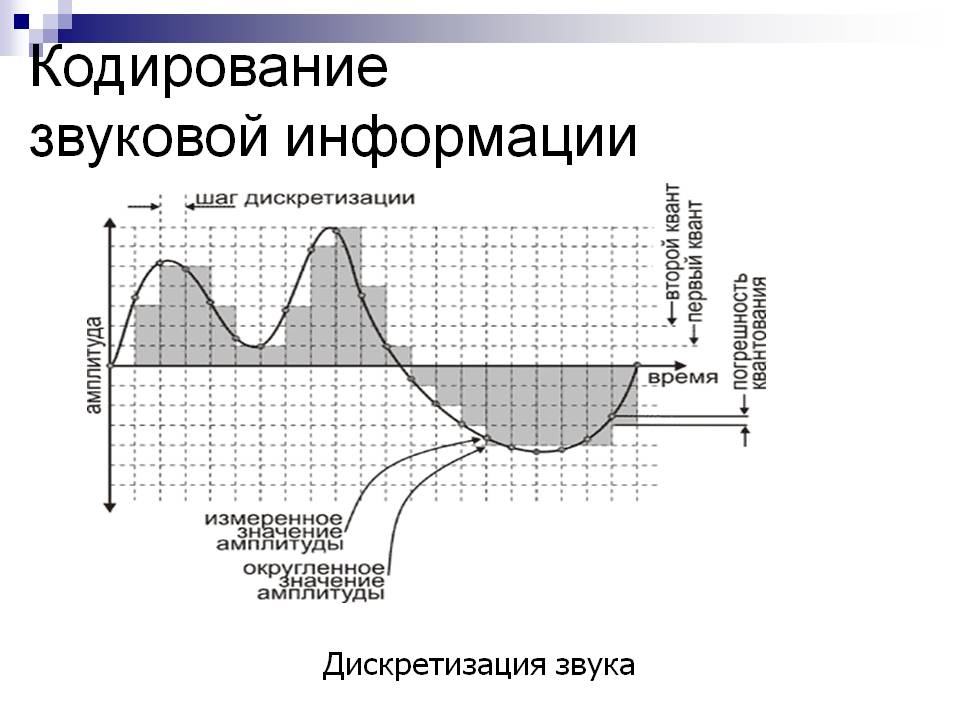 Дискретизация музыкального фрагмента. Схема дискретизации звукового сигнала. Копирование звуковой информации. Кодирование звуковой информации. Принцип кодирования звука.