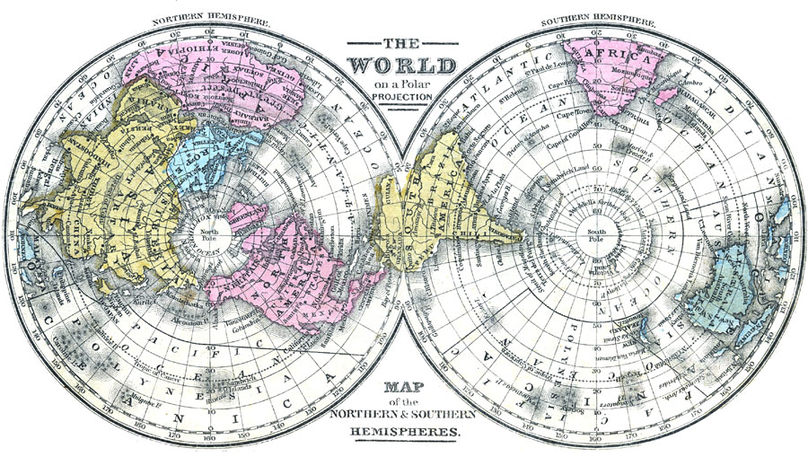 Сколько проживает людей в северном полушарии. Азимутальная проекция Северный полюс. Карта Северного полушария земли. Северное полушарие на карте. Карта Северного и Южного полушария земли.