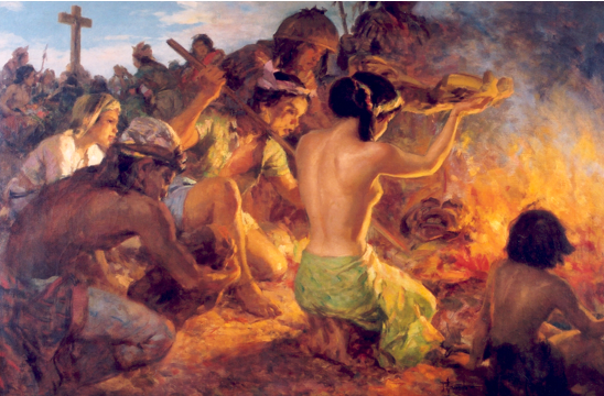 A painting of Filipino natives seen burning their idols.  A woman in the foreground holds a wooden figure above her head, while a cross looms in the background.