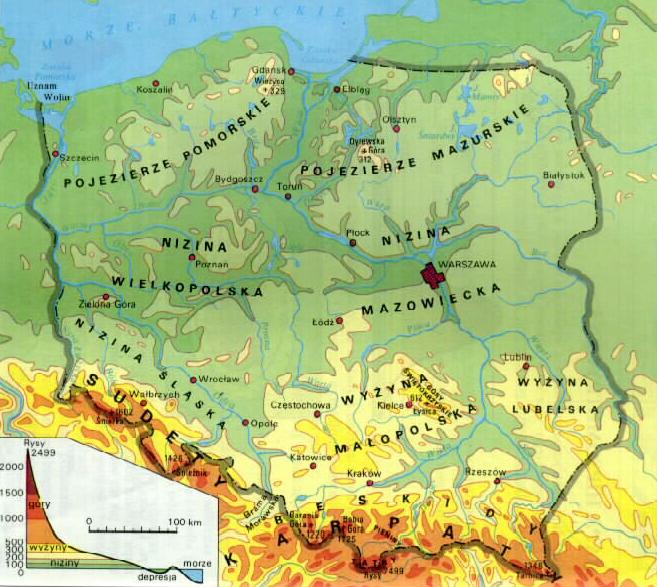 Физическая карта польши крупным планом на русском языке