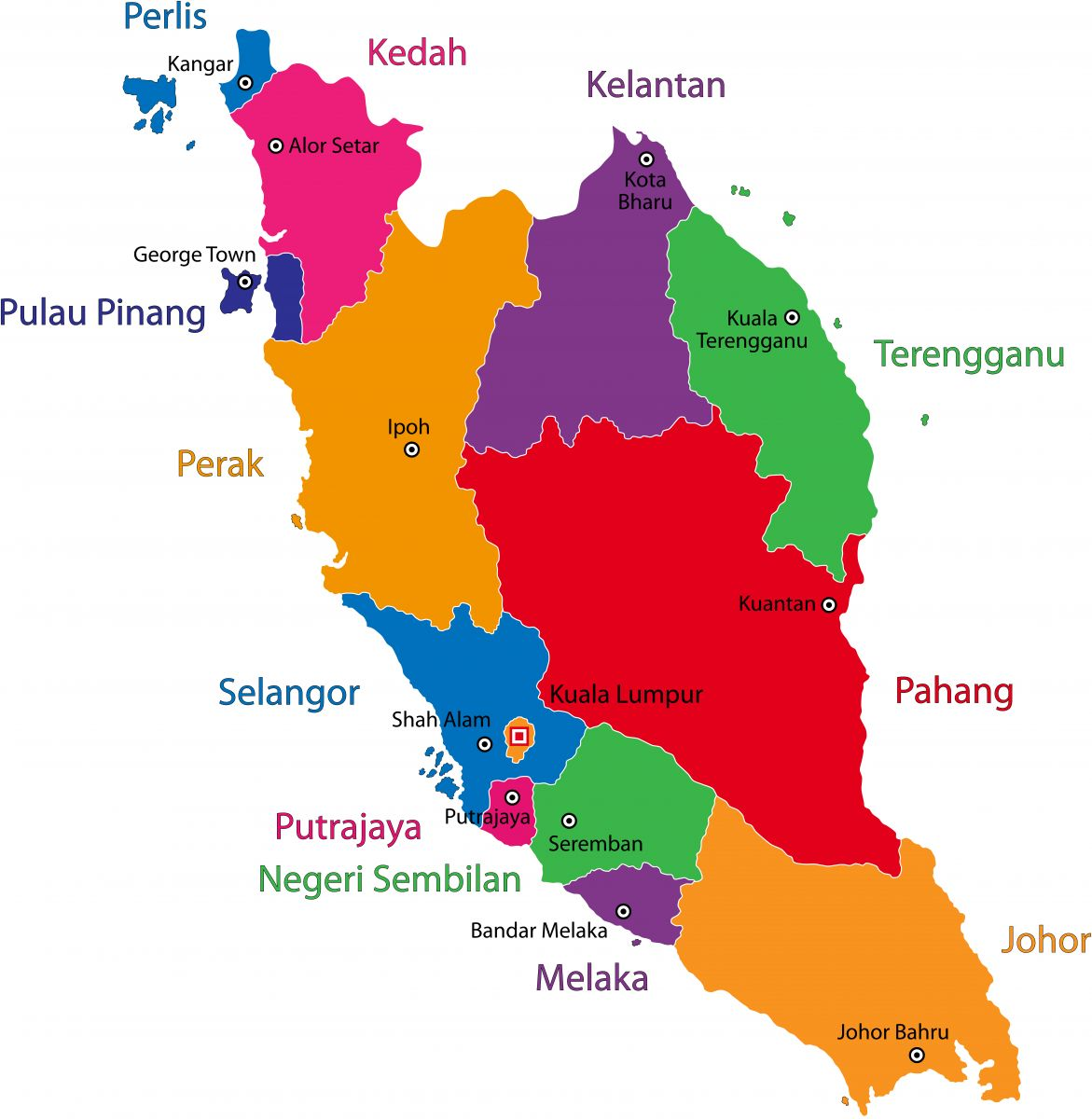 Штаты малайзии. Штаты Малайзии на карте. 13 Штатов Малайзии. Карта Малайзии с регионами.