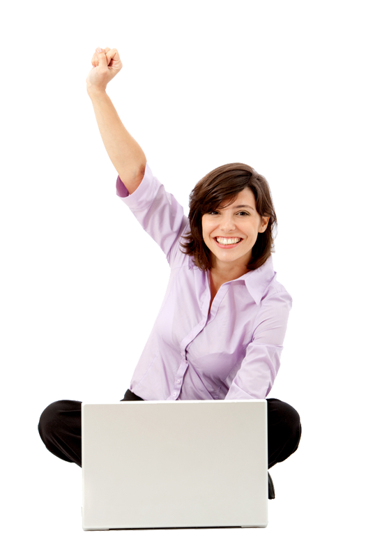 Учителя радуются. Женщина с компьютером. Женщина радуется. Довольная девушка с ноутбуком. Женщина с компьютером на белом фоне.
